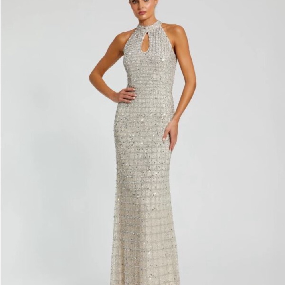 Mac Duggal Silver Sequin Halter Gown